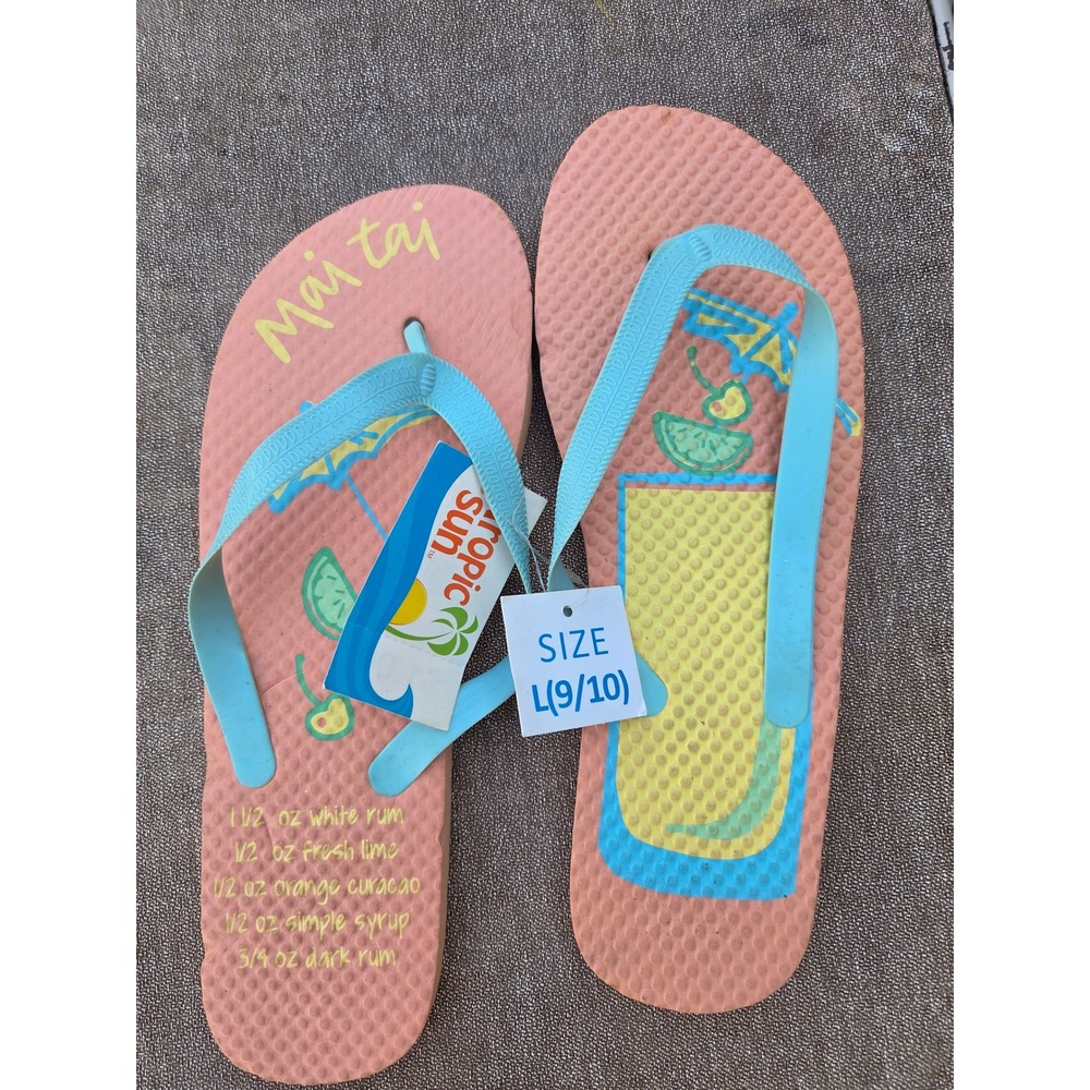 Tropic Sun Womens Mai Tai Recipe Flip Flops Pink Blue Thong Sandals Size L 9-10